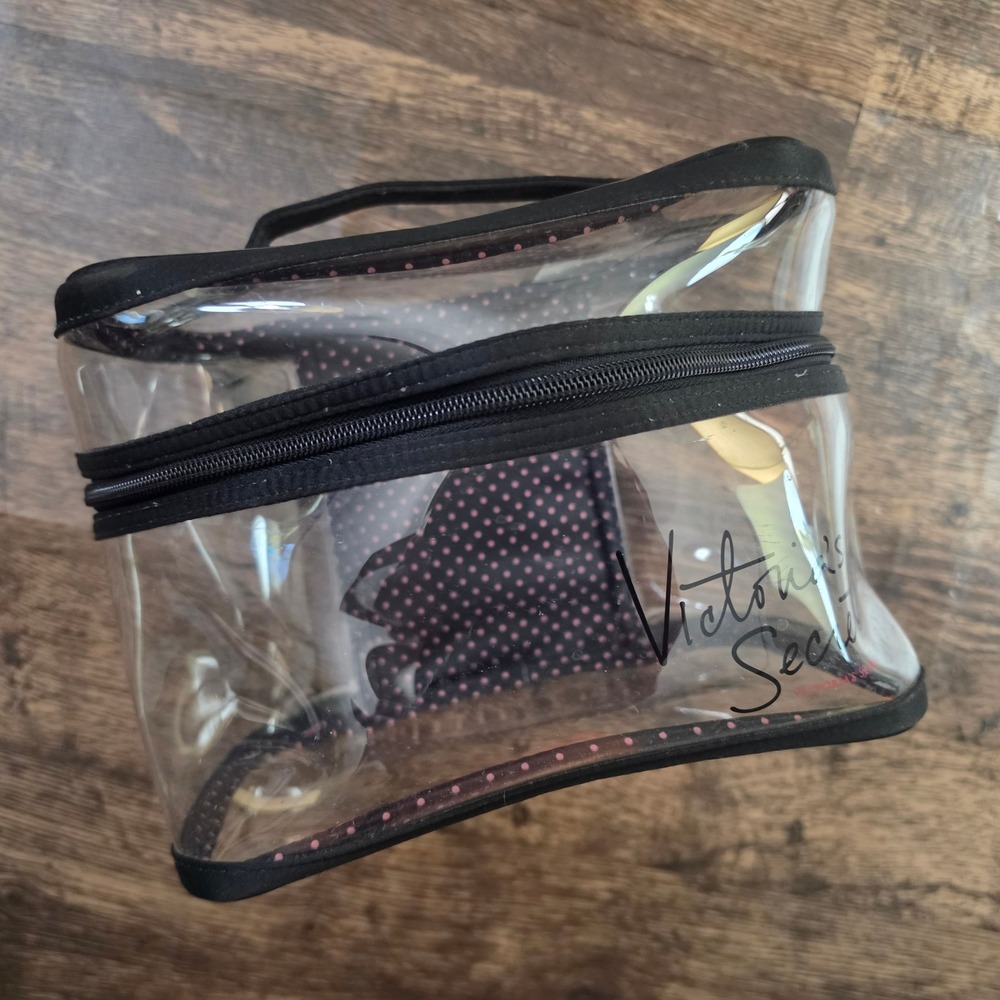 VICTORIA'S SECRET Makeup Bag Womens OS Clear Pink Striped Polka Dot Train Case